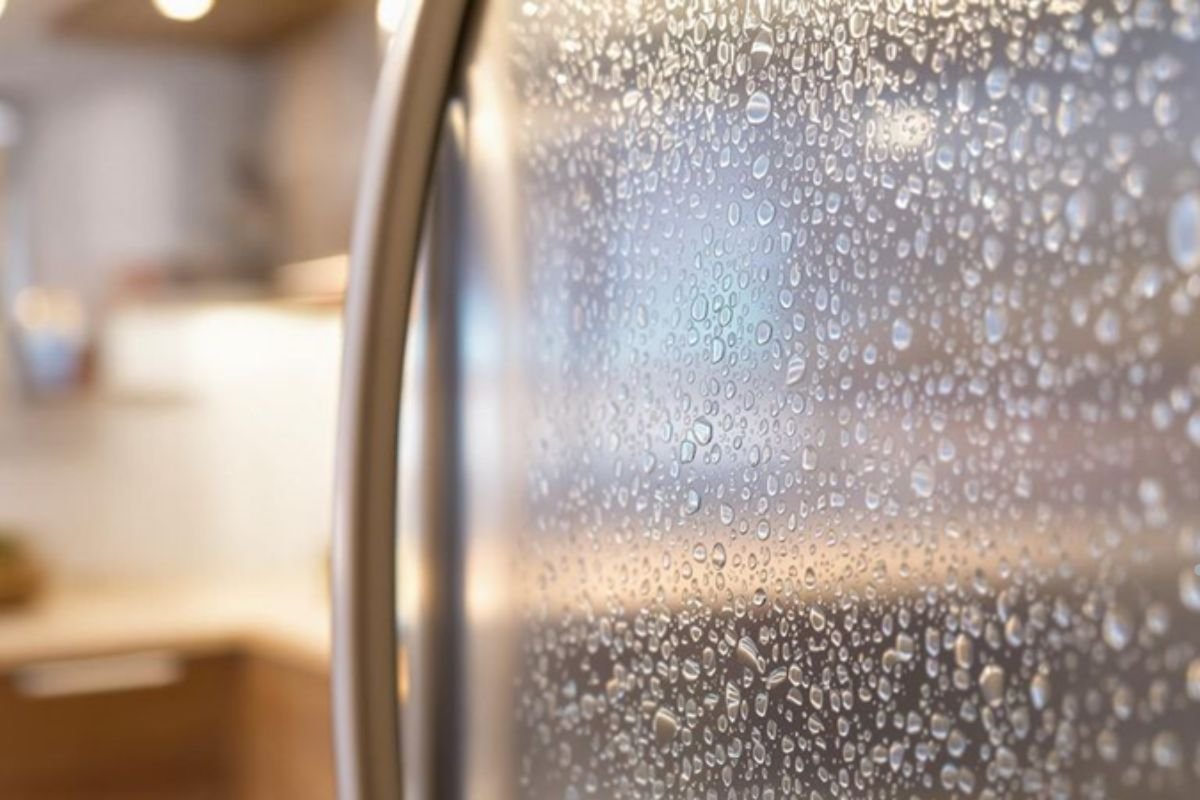 A close-up view of a refrigerator surface adorned with glistening water droplets, highlighting its sleek design.