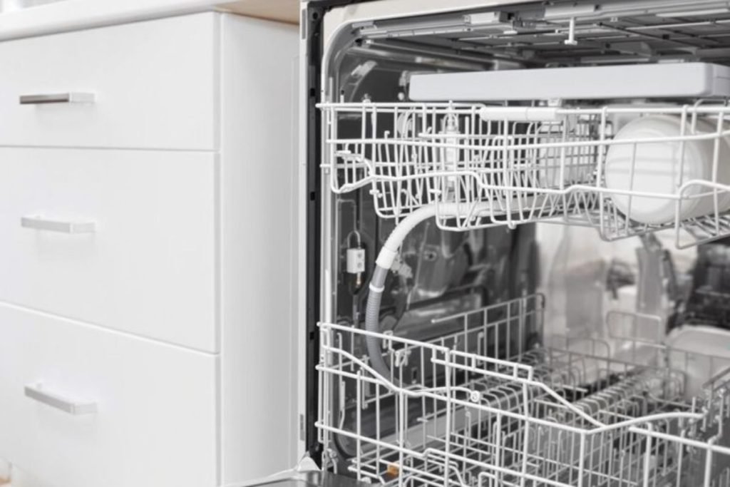 A kitchen scene featuring an open dishwasher, highlighting its capacity and organization of clean dishware.